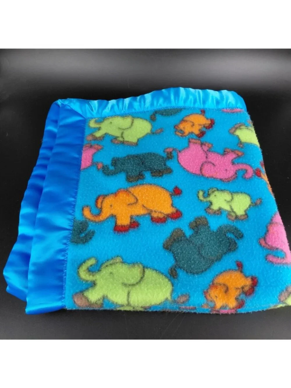Handmade Baby Crib Blanket Multicolor Elephants Fleece Satin Trim 28x30 Boys